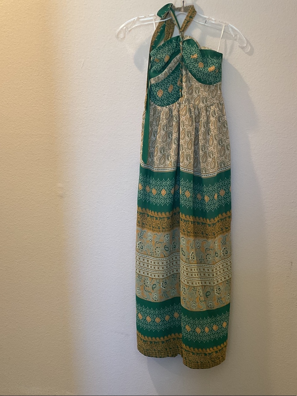 Anthropologie Green and Cream Boho Maxi Dress XSPetite